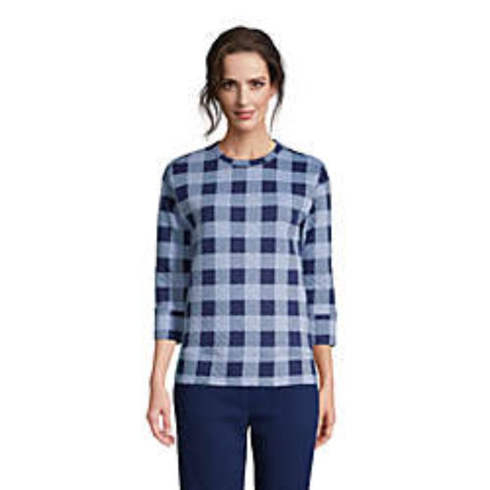 Women's LANDS' END Size: L 3/4 Sleeve Quilted Crew Neck Top Blue Buffalo Check